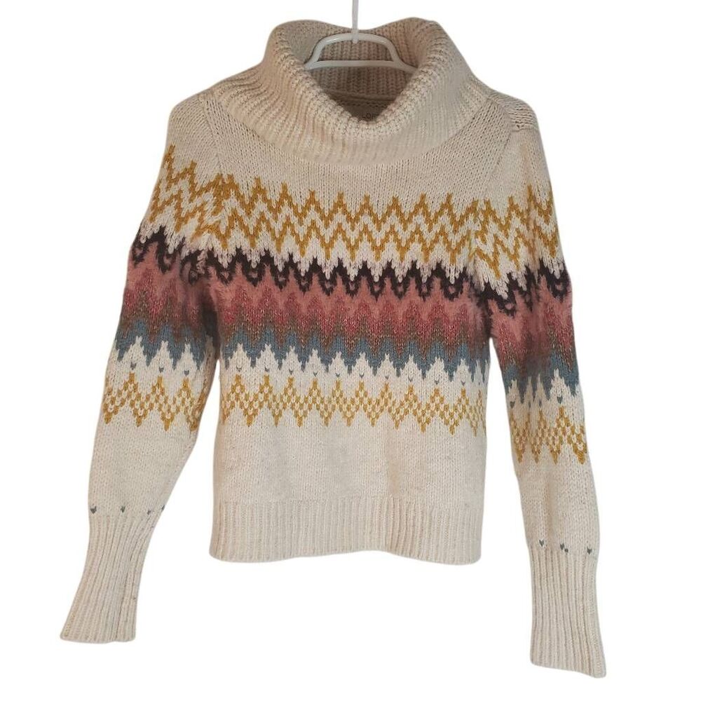 LOFT Zig Zag Cowl Turtle Neck Knit Wool Blend Pullover Sweater Multicolor XS